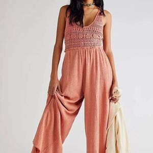 Free People Soleil Pink Jumpsuit Gauzy Crochet Bodice  Wide Leg  Coral S NWT